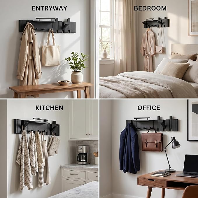 Mid Century Modern Wood Coat Rack Wall Mount with Shelf, 7 Hooks, Black | Wood and metal wall rack with fold-down piano-key hooks and display shelf organizes coats, bags, keys and decor up to 25 lb - Image 9