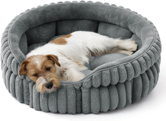 Bedsure ComfyFleece™ Washable Cute Small Medium Dog Bed,Round Pet Bed,26in | Cozy Donut Soft Fluffy Plush,Comfort Corduroy Cuddler Pet Beds,Luxury Aesthetic,Anti-Slip Bottom,Up to 30 Lbs,Warm Gray by Unknown