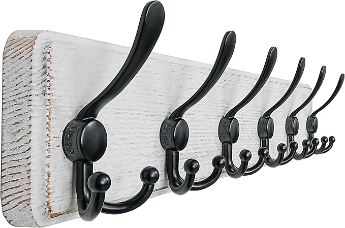 Dseap Coat Rack Wall Mounted - 24" Long 6 Tri Hooks, Heavy Duty Wooden Wall Coat Hanger Coat Hook for Clothes Hat Jacket Clothing, White and Black by Dseap