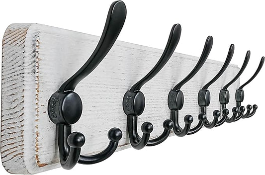 Dseap Coat Rack Wall Mounted - 24" Long 6 Tri Hooks, Heavy Duty Wooden Wall Coat Hanger Coat Hook for Clothes Hat Jacket Clothing, White and Black by Dseap
