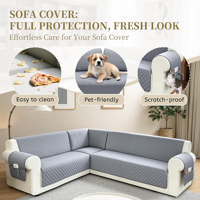 Sectional Couch Covers for Dogs 100% Waterproof Corner L Shaped Sofa Cover Pet Friendly Velvet Washable Anti Slip L Shape Modular Sofa Slipcover Protector with Pockets (Steel Gray, XL Plus) - Image 4