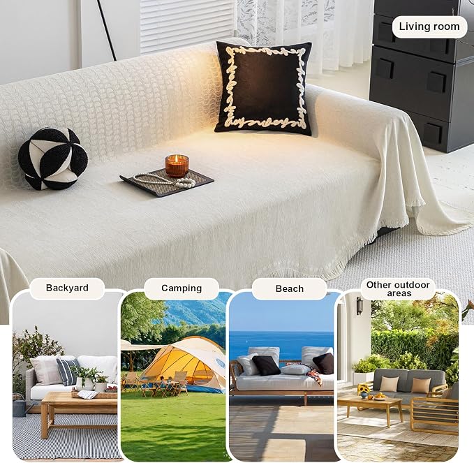 ROOMLIFE Boho White Couch Cover for Dogs, Washable Non Slip Furniture Protector Couch Sofa Covers for 3 Cushion Couch, Soft Chenille Couch Cover Throw Blanket with Tassels 71''X134'' - Image 8