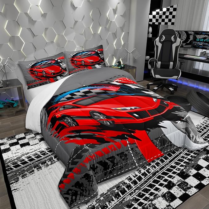 Racing Car Comforter Set Twin for Kids Boys,Red Sports Car Boys Bedding Sets with Pillowcase,Race Sport Games Down Comforter Black White Check Flag Print Grey Duvet Insert,2 Pcs 1 Pillow Cover - Image 2