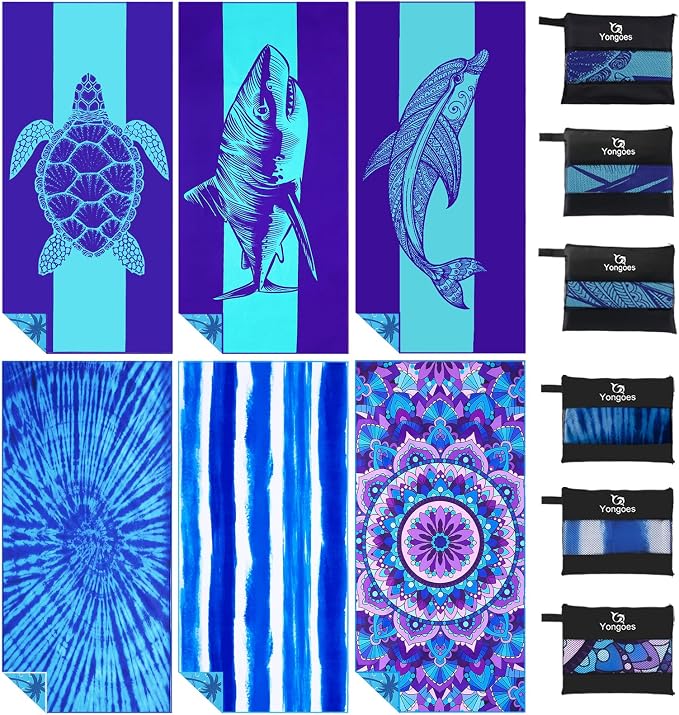 Yongoes 6 Pack Microfiber Beach Towel Oversized 71x32 Blue Multipack Bulk | Lightweight Thin,Sand Free,Super Absorbent Quick Dry Large Towels for Swim Pool Bath Travel Vacation Accessories Essentials by Yongoesbeachtowel