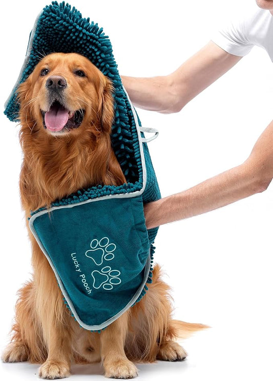 Lucky Pooch® Super Absorbent Shammy Dog Towel - Luxuriously Soft Hand Pockets – 34.5x12.5in – Quick Drying Microfiber Dog Bath Towel – Durable Dog Towels for Drying Dogs (Pack of 1, Teal) by LuckyPooch