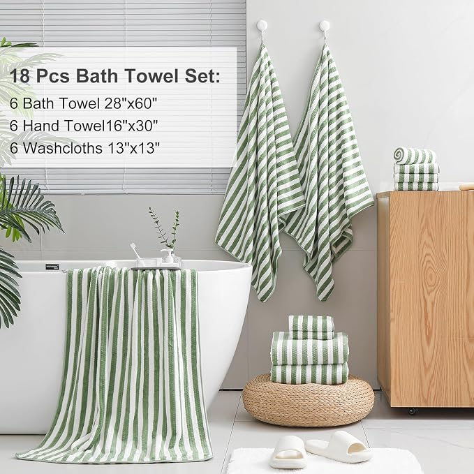 Smuge 18 Pcs Bath Towel Set, Include 6 Bath Towel Sheets, 6 Hand Towels and 6 Washcloths - Highly Absorbent Quick Dry Microfiber,Ultra Soft Bathroom Towel Set with Hanging Loop - Light Green - Image 5