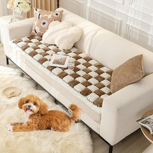 Fuzzy Couch Cover for Dog, Modern White Brown Checkered Couch Cushion Cover | Non Slip Couch Cover for 2 Cushion Couch Sofa Pet Friendly, Washable Sofa Cover Durable Anti-pilling Furniture Protector by VCLIFE