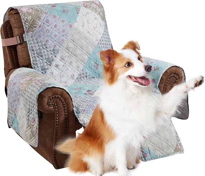 Brilliant Sunshine Blue & Green Roses Couch Recliner Cover, 28" seat | Patchwork Design, Non Slip Sofa Cover, Furniture Protector, Large Washable Reclining Chair Slipcover for Pets, Dogs & Cats - Image 3
