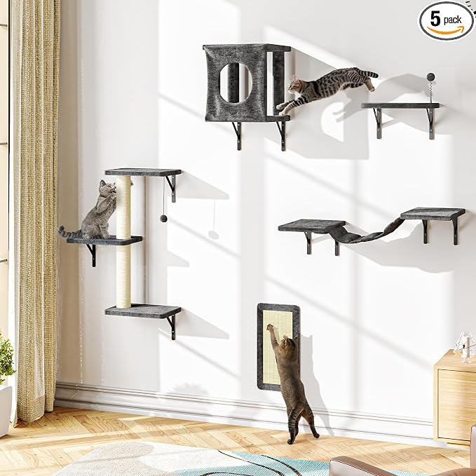 NUNU LAB Cat Wall Shelves Set, 5 Pcs Wall-Mounted Cat Climber with Cat House, Bridge, Scratching Post, Hammock, Wall Shelves, Gray by NUNULAB