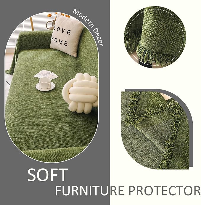 VClife Couch Cover for Dog Green Sofa Covers for Sectional Sofa, Non Slip Chenille Sofa Slipcover Protector with Tassel, Boho Chic Couch Cover Throw Washable Furniture Couch Protector, 71"X118" - Image 5