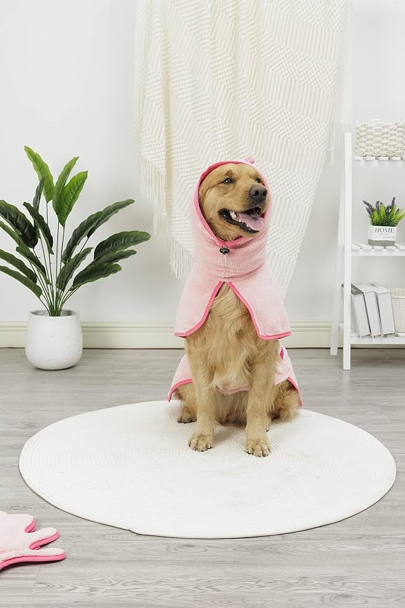 Pawyee Super Soft Fast-Drying Dog Towel Set for Cold Weather, Beach, Pool - Adjustable Microfiber Bath Robe with Drying Gloves for Cats and Dogs (X-Large, Pink Dino) - Image 4
