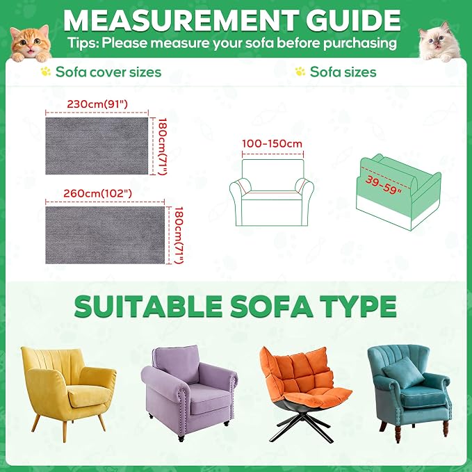 Loiion Cat Scratch Furniture Protector - Anti-Slip, Waterproof Sofa Cover to Keep Cats Off, Pet-Friendly Couch Protectors for Sofa, Gray Anti-Scratch Couch Cover for Pets and Kids 102"X71" - Image 5