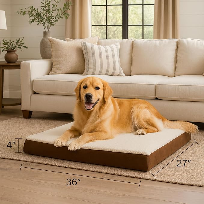 Orthopedic Dog Bed - 2-Layer Memory Foam Crate Mat with Machine Washable Sherpa Cover - 36x27 Pet Bed for Large Dogs Up to 65lbs by PETMAKER (Brown) - Image 2