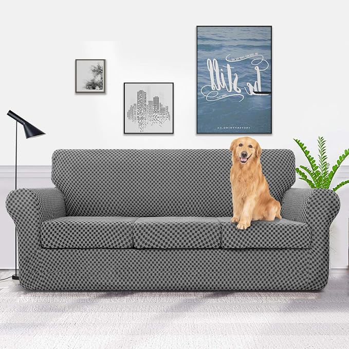 YEMYHOM Latest Checkered 4 Pieces Couch Covers for 3 Cushion Couch High Stretch Thickened Sofa Cover for Dogs Pets Living Room Anti Slip Elastic Slipcovers (Dark Gray Checkered), 71"-91"(3 Cushions) - Image 2