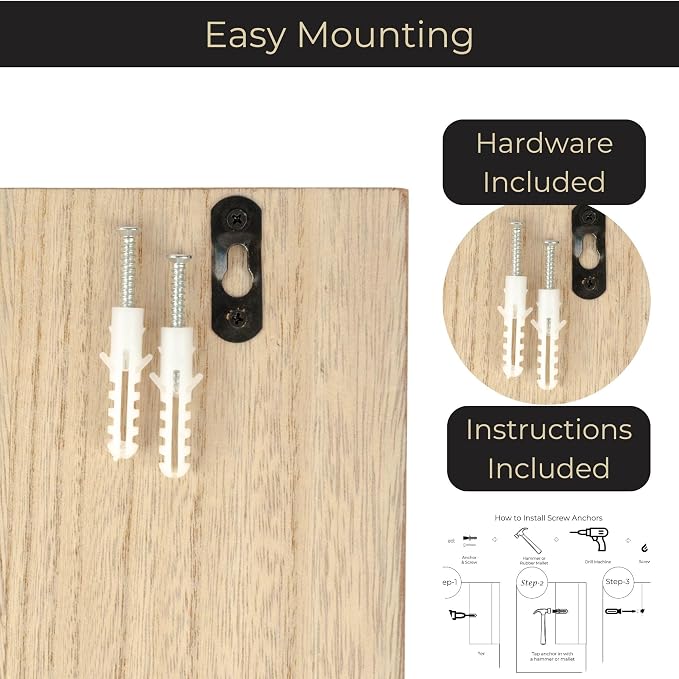 BLU MONACO Wall-Mounted Mail and Key Holder – Natural Wood 2-Tier Letter Organizer with 3 Hooks | Entryway Command Center for Mail, Keys, and Documents - Image 4