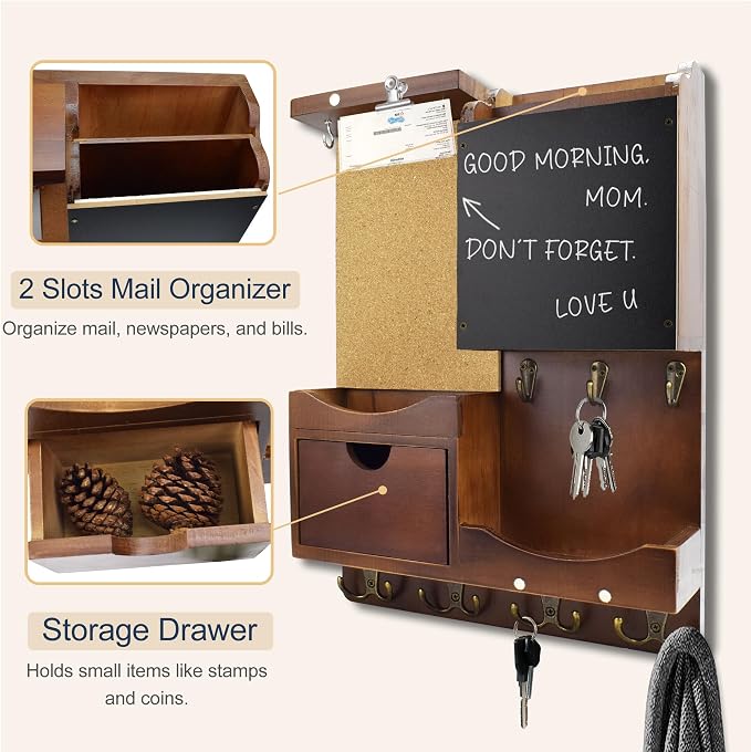Key Holder Wall Mount， Mail Organizer Key Holder for Wall with Shelf, Drawer, Chalkboard, Corkboard, Home Decor Wall Mounted for Room Entryway(Vintage Brown) - Image 6