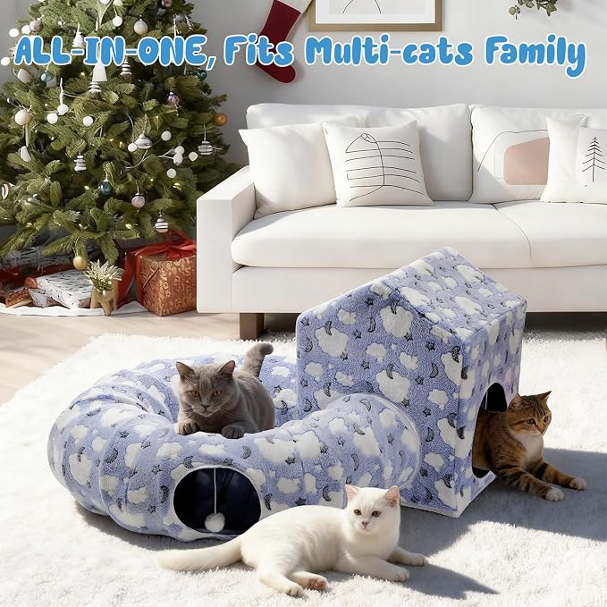 Pawaboo Cat Tunnel Bed for Indoor Cats, Cute Cat Donut Tunnel with Square House, Peekaboo Pet Cave Play Tunnels with Cave for Kitten/Rabbit, Basic Soft Blue - Image 8