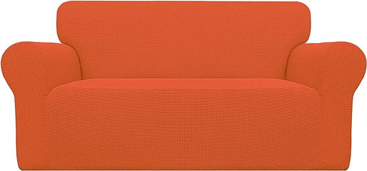 Easy-Going Stretch Loveseat Couch Covers Washable Orange | 1-Piece Loveseat Covers for 2 Cushion Couch Furniture Protector RV Sofa Slipcover Soft with Bottom for Kids Pets by Easy-Going