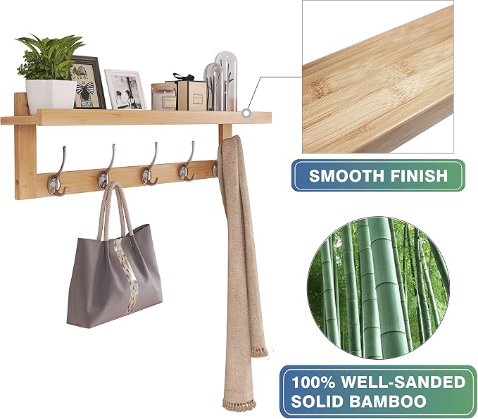SMIBUY Coat Hooks with Shelf Wall-Mounted, 29.2 Inch Entryway Coat Rack for Wall, Bamboo Hanging Shelf with 5 Double Metal Hooks for Bathroom, Bedroom, Kitchen, Living Room, Mudroom (Natural) - Image 7