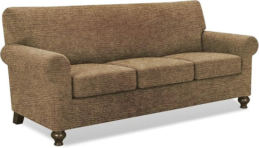 URBANLIFE 4-Piece Stretch Sofa Covers for 3 Cushion Couch, Brown | Super fitted spandex slipcovers for couches. Non-slip elastic bottom. Machine washable furniture protector for kids & pets. by URBANLIFE