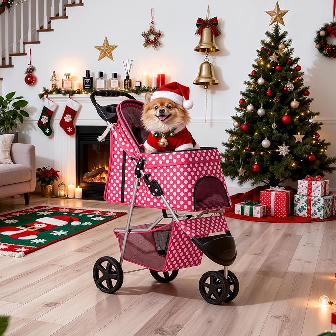 MoNiBloom 3 Wheels Pet Dog Cat Stroller for Small Medium Dogs Cats, Foldable Jogger Stroller w/Storage Basket and Cup Holder, Hot Pink Polka Dots