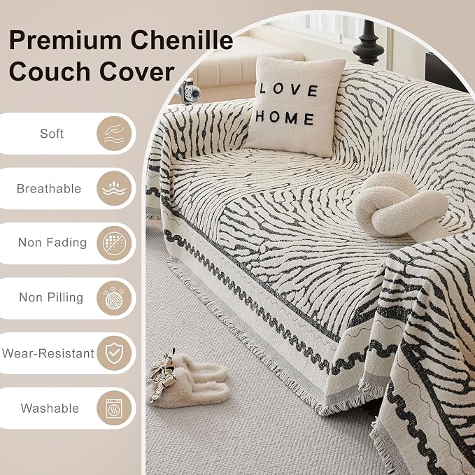 ROOMLIFE Thicked Striped Couch Cover with Tassel Black Chenille Sofa Cover Blanket for Sectional Sofa, Soft Sofa Slipcovers for L Shaped Love Seat 2-3 Cushion Couch Anti Slip Sofa Protector, 71"x134" - Image 6
