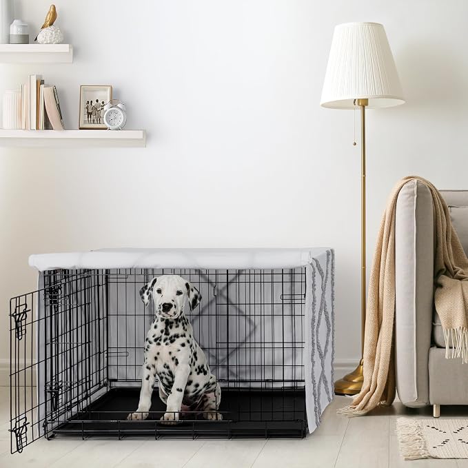 Sweet Jojo Designs 36in. Medium Dog Crate Cover (Grey Boho Modern Tuft) Pet Cage, Kennel Covers (Bohemian, Farmhouse, Shabby Chic, Designer, Neutral, Elegant, Minimalist, Gray and White Tufted Cotton) - Image 2