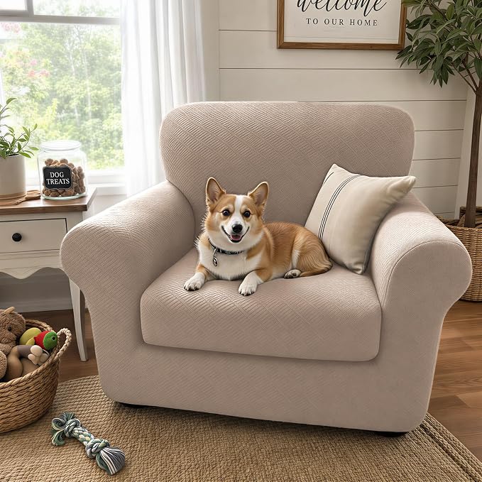 XINEAGE 2026 New 2 Pieces Chair Covers with Arms Super Stretch Chair Slipcover for Living Room Pet Dog Universal Slip Cover Anti Slip Armchair Furniture Protector (Khaki), 31"-46"(1 Cushion) - Image 3