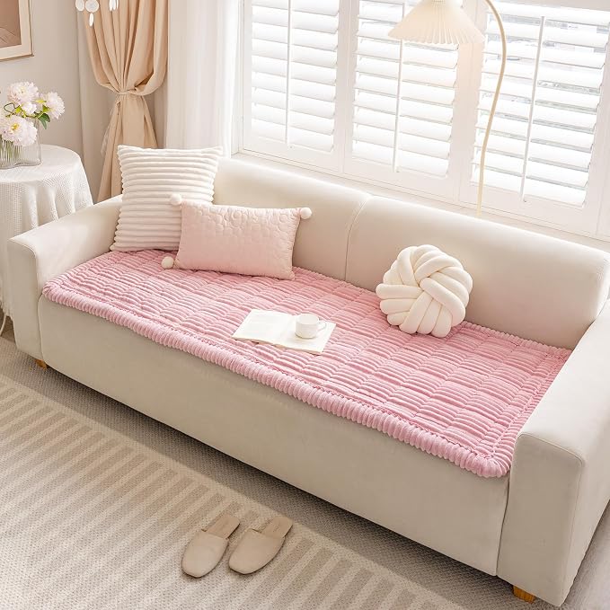 vctops Striped Couch Cover Super Soft Corduroy Sectional Sofa Cover Washable Non Slip Sofa Slipcover Furniture Protector for Kid Dog Pet,1 Piece (Pink,27"x59") - Image 4