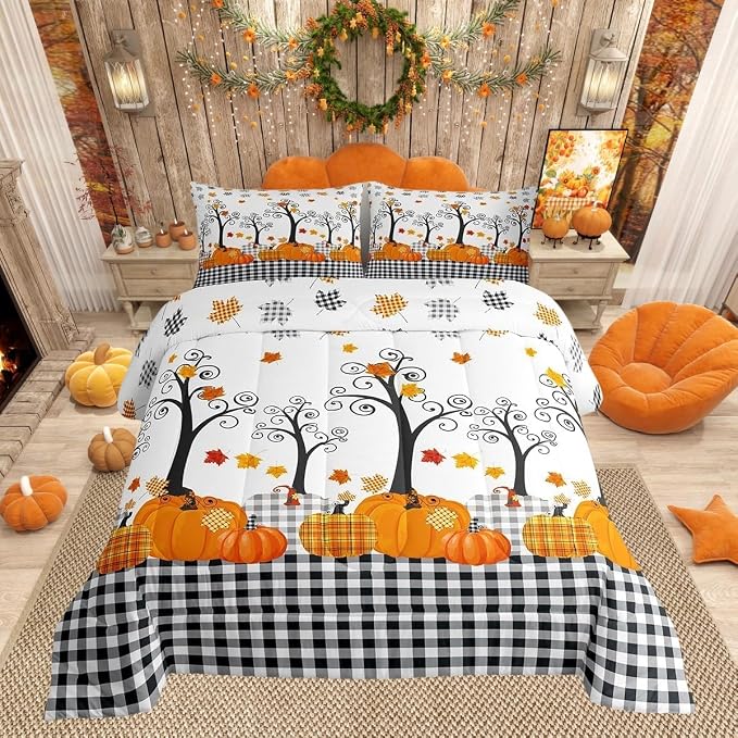Pumpkin Autumn Comforter Set King Size,Kids Adults Bedroom/Farm Halloween Decor,Black White Plaid Bedding Set,Maple Trees Fall Leaves Down Comforter,Rustic Orange Duvet Insert,3pcs,2 Pillowcases - Image 2