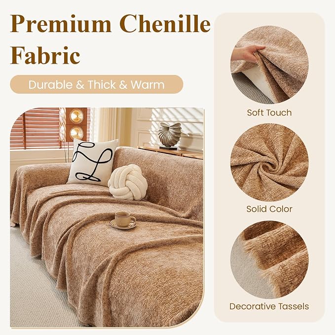 XL Khaki Couch Cover for Dogs Scratch Non Slip Chenille Sofa Cover | Wear & Tear Resistant Furniture Protector for Pets Dogs Cats, Suitable for Chairs, Loveseat, L-Shaped Sofas, Tassels Design - Image 4