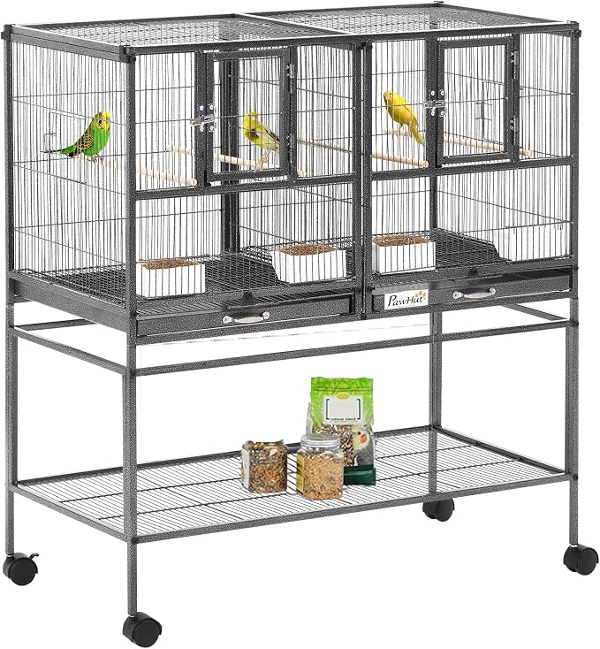 PawHut Divided Breeder Bird Cage with Rolling Stand Removable Metal Tray, Storage Shelf, Wood Perch, and Food Container | Storage Shelf, Wood Perch, Food Container by PawHut