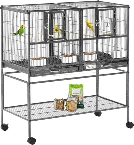 PawHut Divided Breeder Bird Cage with Rolling Stand Removable Metal Tray, Storage Shelf, Wood Perch, and Food Container | Storage Shelf, Wood Perch, Food Container by PawHut