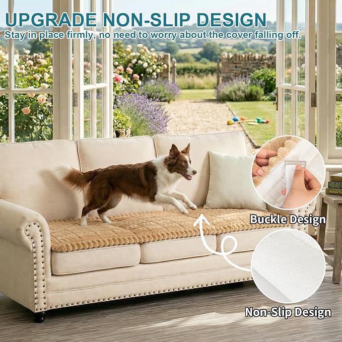 KRFOONN Couch Cover for Dogs Washable Sofa Covers for 3 Cushion Non-Slip Fuzzy Couch Cushion Covers Sofa Slipcovers Furniture Protector with Elastic Straps for Dogs Pets Mat (Khaki, 27.6" x 70.9") - Image 4