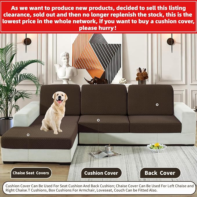 【Clearance】 Sectional Couch Covers for L Shaped Chaise Lounge 1 Piece Separate Cushion Couch Universal Replacement Large Checkered Furniture Protector with Elastic Bottom (Chaise Cover, Dark Coffee) - Image 2