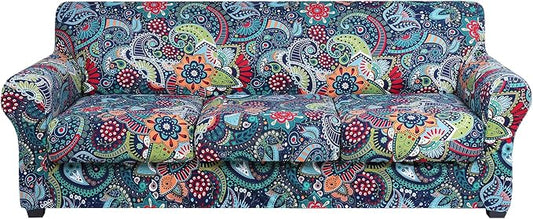 hyha Stretch Couch Covers, Sofa Cover for 3 Cushion Couch Pet Friendly | Floral Pattern, Printed, 4 Pieces, 3 Separate Cushion Sofa, Durable Anti-slip Washable Protector with Elastic Bottom for Dogs by hyha