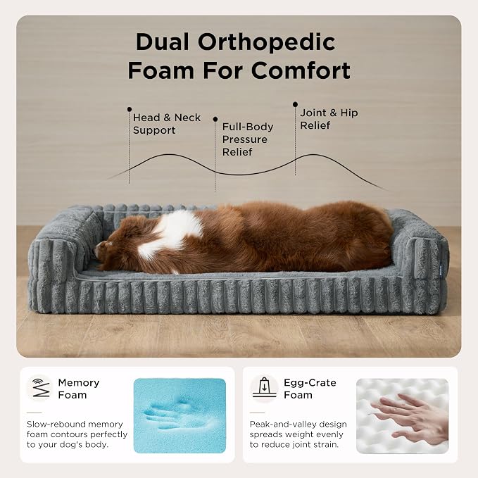 Bedsure ComfyFleece™ Orthopedic Dog Beds Large Sized Dog, Waterproof Memory Foam Pet Bed with Sides, Non-Slip Bottom and Egg-Crate Foam Large Pet Couch Sofa with Washable Corduroy Cover, Amphora - Image 2