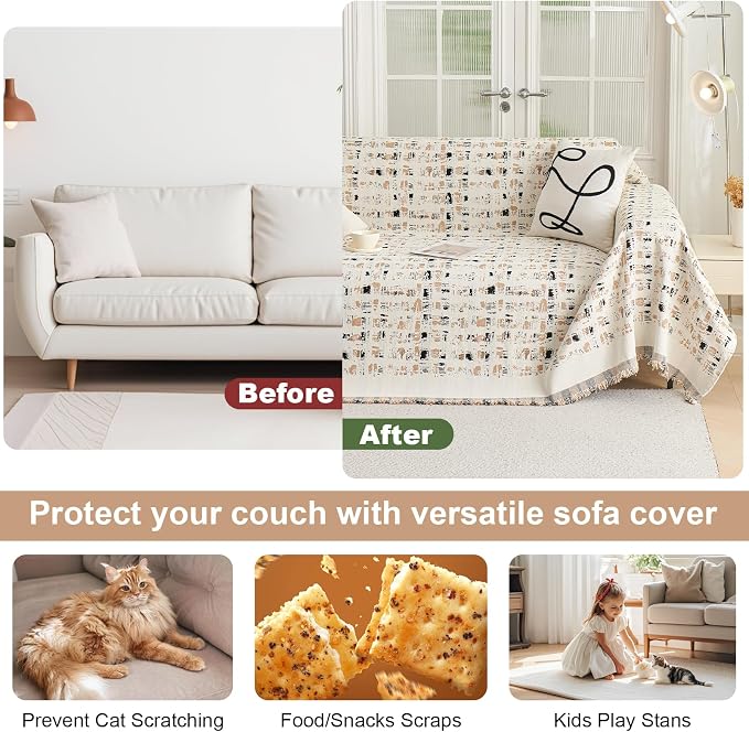 ROOMLIFE Couch Cover 3 Cushion Sofa, Washable Non Slip Furniture Sofa Protector Cover, Soft Chenille Sofa Slipcovers Sectional L Shape Dogs Couch Cover Throw Blanket with Tassels 71''X118'' - Image 3