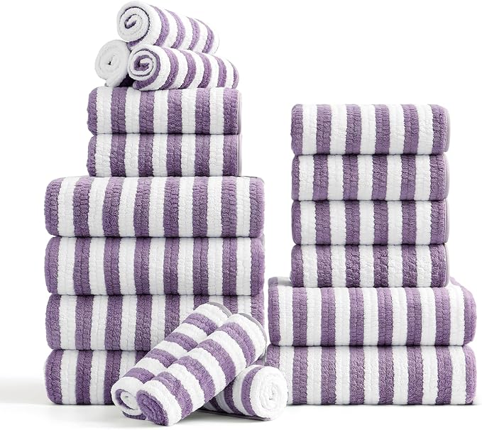 18-Piece Microfiber Bath Towels Set - 6 Bath Sheet, 6 Hand Towels, 6 Washcloths, Soft, Highly Absorbent Bathroom Towel, Quick Dry & Less Lint Shower towel for Bathroom, Hotel, Spa, Dorm-Dark Purple by FerdilanUS