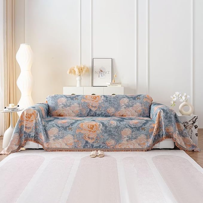 VClife Flower Couch Cover for Sectional Sofa Washable Sofa Cover, Modern Peach Blue Flower Sofa Couch Cover Breathable Anti-Slip Cotton Linen Sofa Slipcover with Tassel Aesthetic Sofa Cover 71"x118" by VCLIFE