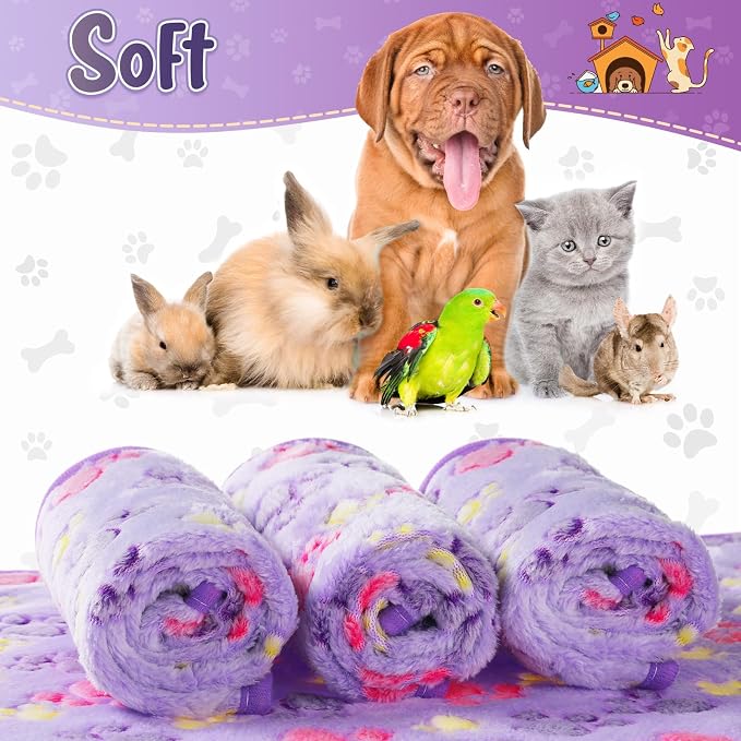 Tatuo 4 Pack Fleece Dog Blankets for Puppy Cats Multi-Size Sleep Mat for Pet Guinea Pig Soft Washable Warm Crate Bed Puppy Teething Toys Print Pattern Blanket Indoor(Purple,30 x 20.5 Inch,Paw) - Image 3