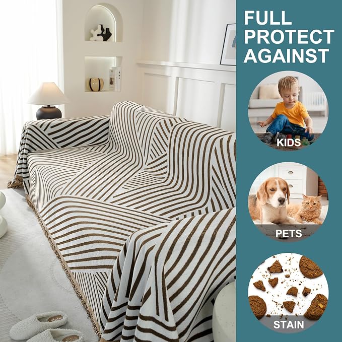 Couch Cover for Sofa, Boho Sofa Cover Washable Couch Cover for Dogs, Pet Sofa Cover for 2-Cushion Couches with Tassel Furniture Protector Cover,71" x 102",Dark Coffee-Line - Image 4