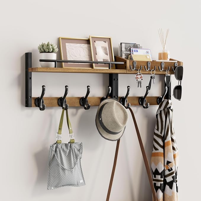 29 inch Coat Rack Wall Mount with Shelf, Entryway Wall Shelf with Hooks, Heavy Duty Coat Hanger Wall Mount with Key Holders and Mail Organizer for Living Room, Bedroom, Wooden Brown & Black by Segtenant