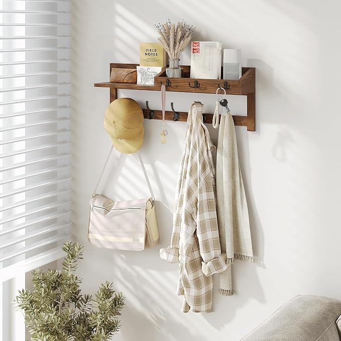 AMBIRD Wall Hooks with Shelf, 26.57 Inch Entryway Wood Coat Hooks for Wall with Shelf, Coat Rack Wall Mount with 5 Dual Hooks 3 Key Hooks Mail Organizer and Key Rack Holder (Brown) - Image 2