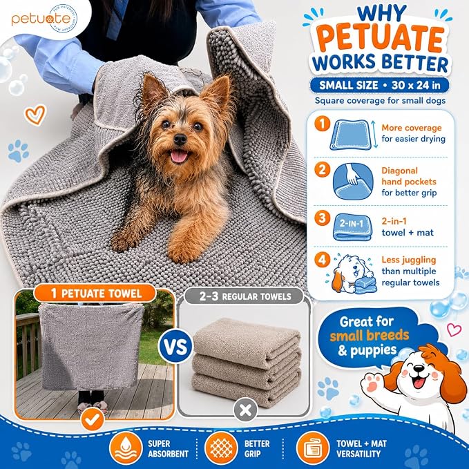 Pet 2-in-1 Dog Towel & Mat – Transforms from Drying to Bath Mat, Ultra Soft, Absorbent & Quick-Drying, Machine Washable Dog Towels with Detachable Non-Slip Mat and Hand Pockets (Small) - Image 5