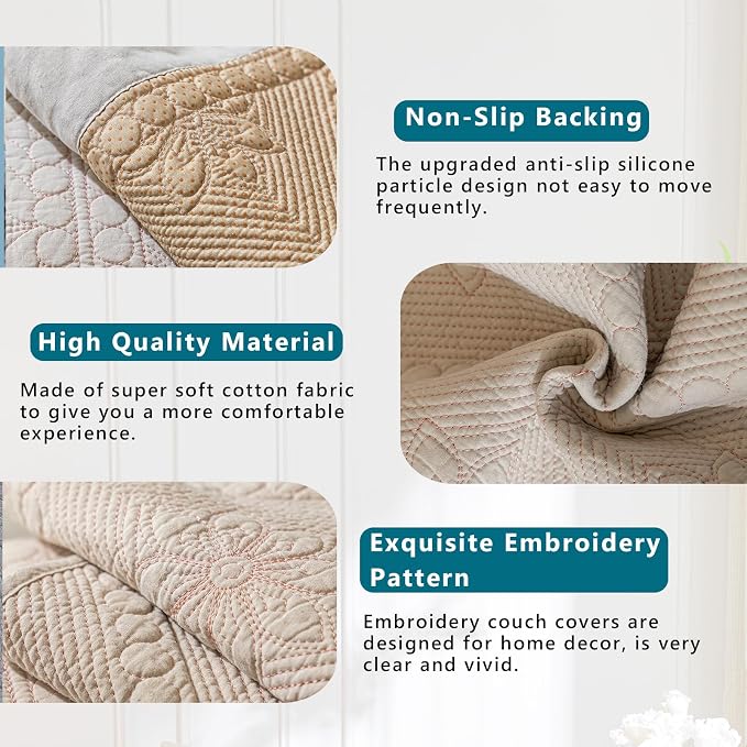 KRFOONN Cotton Quilted Dog Couch Cover for Sofa (Khaki, 2PC 27.6" x 27.6") | Farmhouse Embroidery Sectional Couch Cover Washable, Soft Non Slip Sofa Slipcover Cushion Furniture Protector for Kids, Pets - Image 3