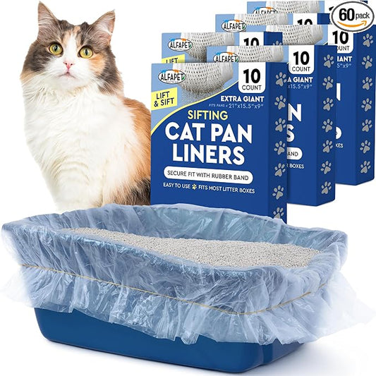 Cat Litter Box Sifting Liners Alfapet - Extra Giant 60 Count - Tear-Resistant Cat Litter Bags - Waterproof Kitty Litter Liners - Fits Almost All Litterbox Pan Sizes, 40" x 38", 30 lb Capacity by Alfapet