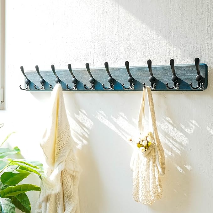 Dseap Coat Rack Wall - Heavy-Duty 38-1/4" Long, with Reinforced 10 Custom Tri-Hooks, Solid Wood Wall Hanger for Coats Hat Jackets - Rustic Farmhouse Entryway Hallway Storage, Weathered Blue & Black - Image 7