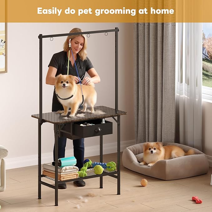 Dog Grooming Table with Drawers and Mesh Tray,32 Inch Adjustable Pet Grooming Table with Non-slip Removable Washable Mat and EVA Protective Lanyard ,Professional Grooming Table for small Dogs at Home - Image 7