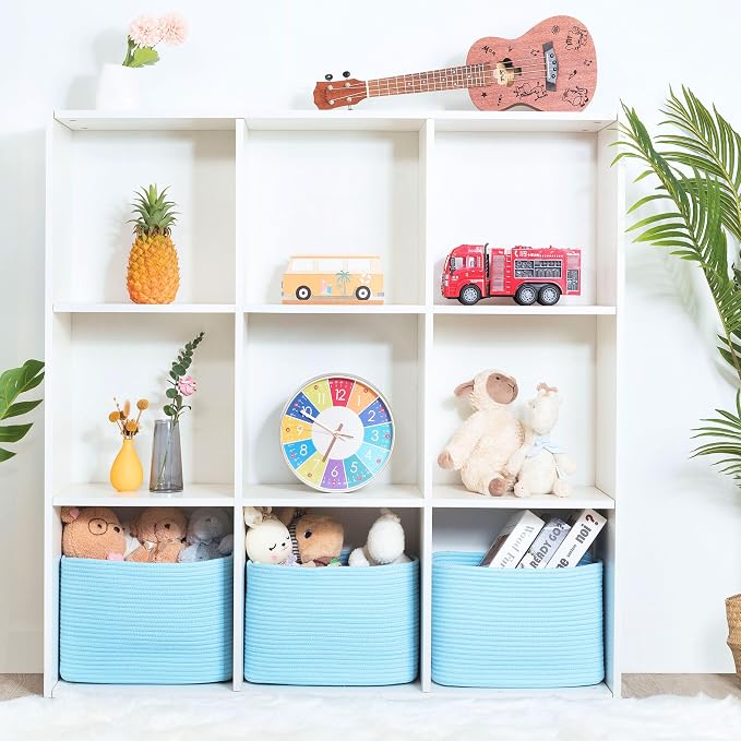 MINTWOOD Design 3-Pack Decorative Woven Storage Baskets for Shelves, Cube Bin Box for Organizing Books, Shoes, Dog Toys, Pantry Closet and Living Room Organizer, Sky Blue - Image 4